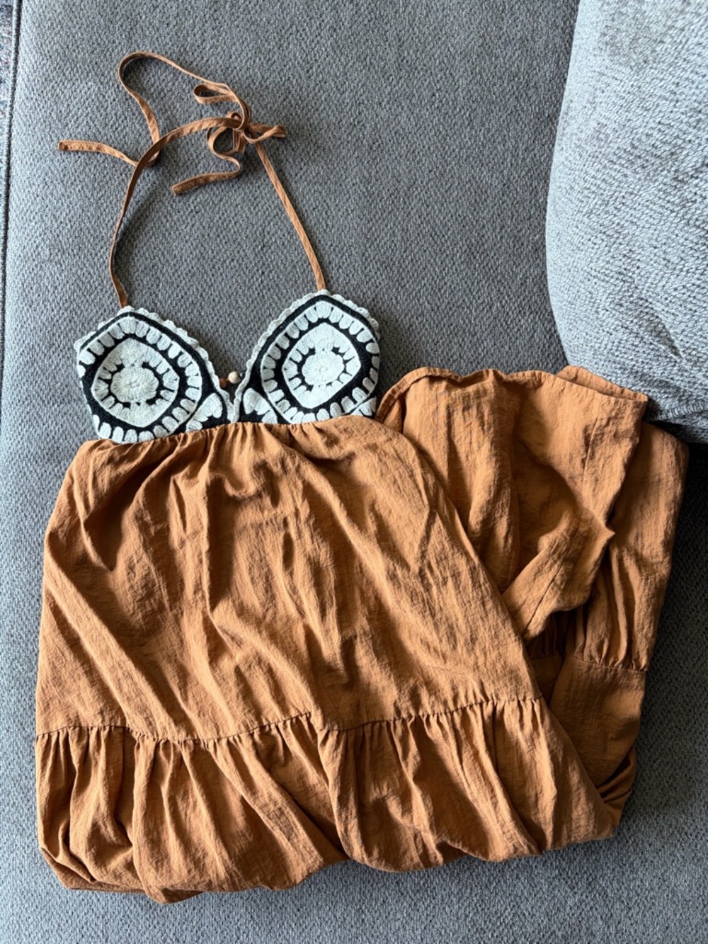 Boho Rust Halter Dress with Embroidered Black & White Bust